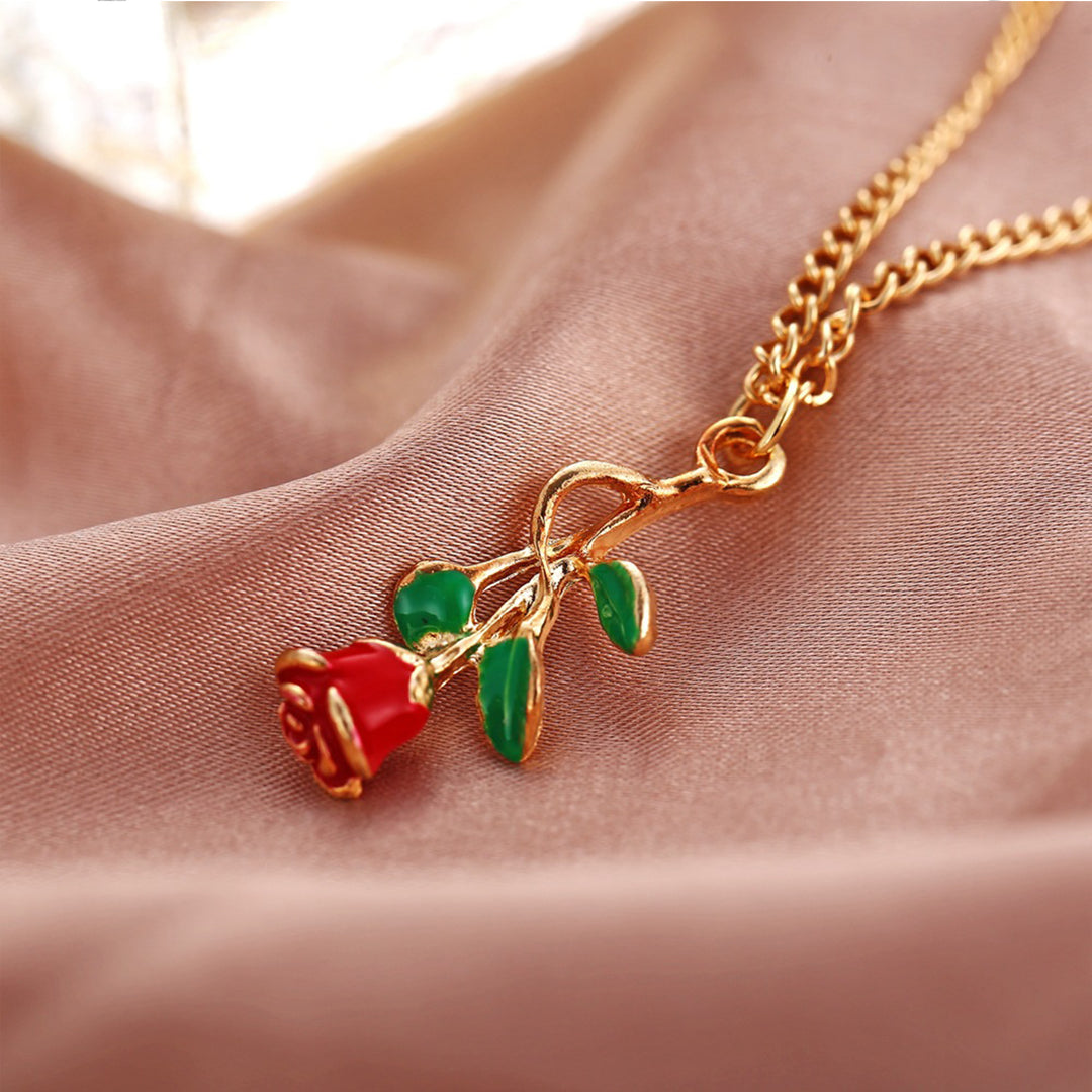 Vembley Gorgeous Gold Plated Red Rose Pendant Necklace for Women and Girls - Vembley