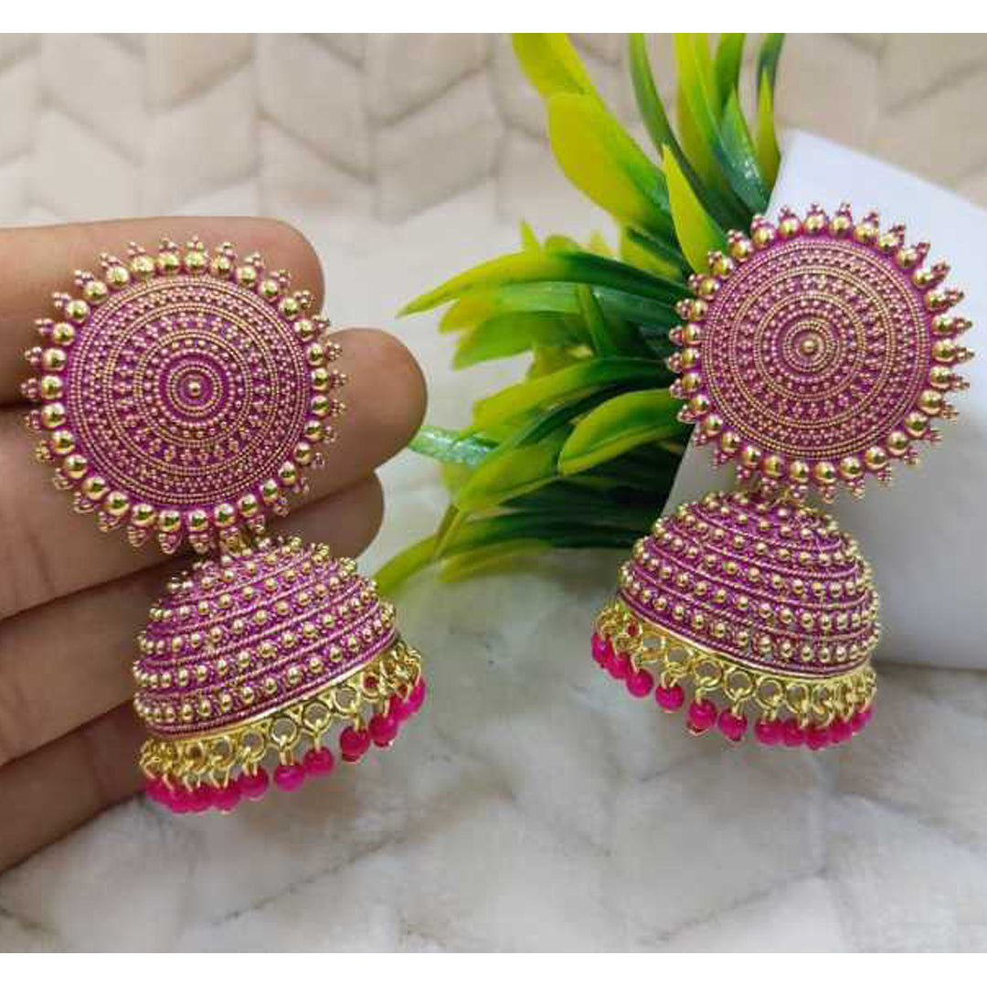 Combo of 2 Pink and Dark Green Pearls Dome Shape Jhumki