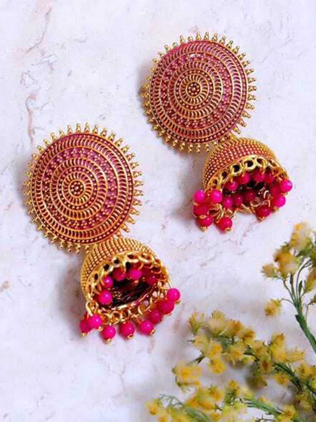 Golden and Pink Pearls Dome Shape Jhumka