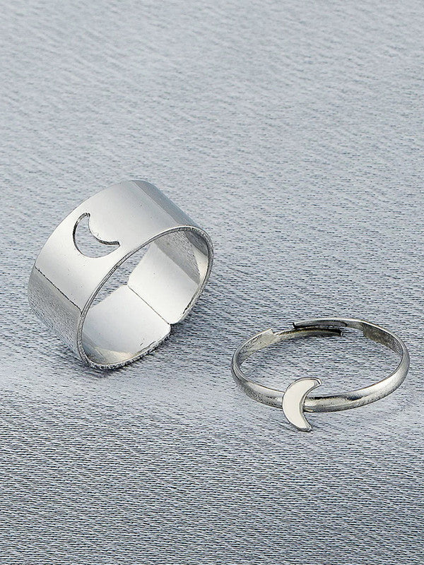 Combo of 2 Lovely Silver Plated Half Moon and Heart Couple Ring For Women & Men