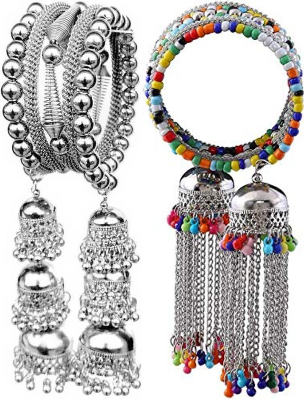 Vembley Combo of 2 Fashion Silver Multicolor  Bangle Bracelet with Hanging Jhumki For Women and Girls