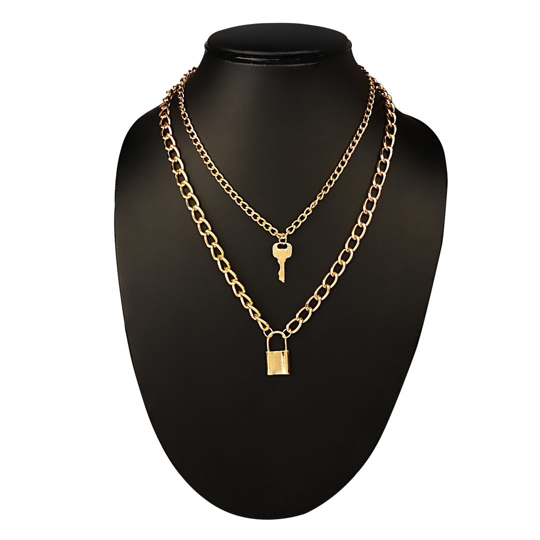 Gold Plated Double Layered Lock and Key Pendant