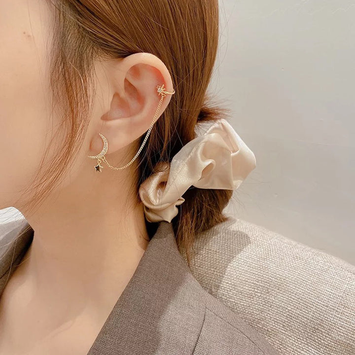 Crescent Chain Diamond Ear Cuff Korean Earring 2 Pcs/Set