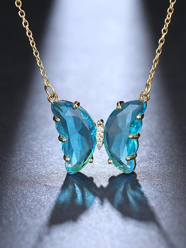 Combo of Stylish Gold Plated Blue Crystal Butterfly Pendant Necklace With Ring