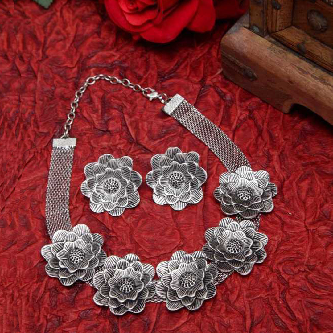 Oxidised Silver Flower Choker with Stud Earrings