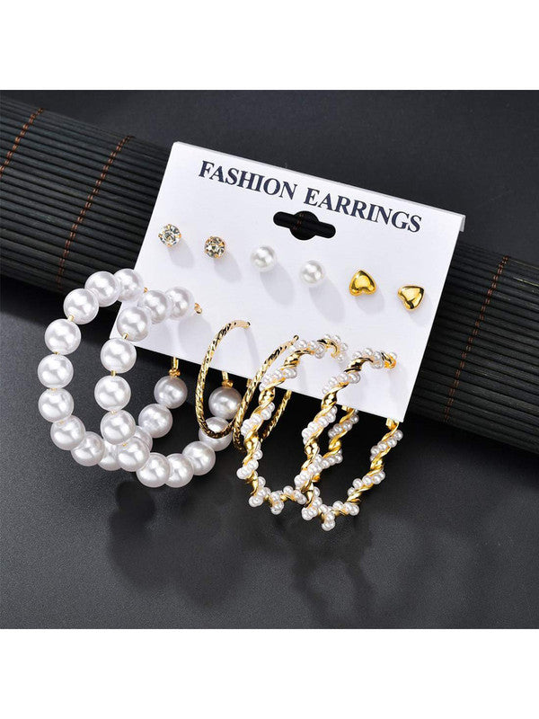 Combo of 12 Pair Pretty Gold Plated Pearl Crystal Heart Studs and Hoop Earrings
