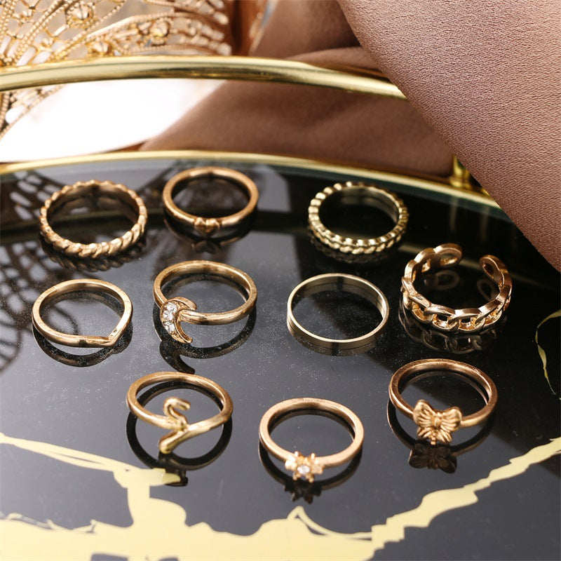 Golden 10 Piece Moon Heart Butterfly Chain Ring Set