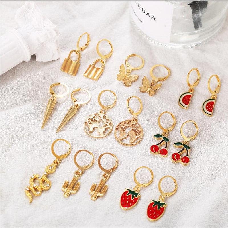 Combo of 9 Pair Stylish Fruit Animal and Lock Earrings
