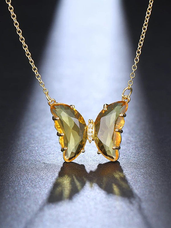 Vembley Combo Of Yellow Crystal Butterfly Pendant Necklace and Earrings With Ring For Women and Girls