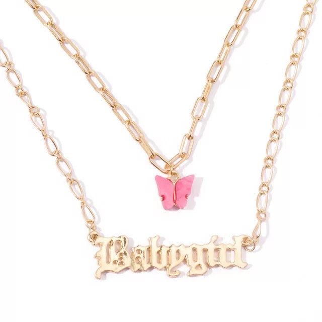 Layered Pink Butterfly Babygirl Word Necklace