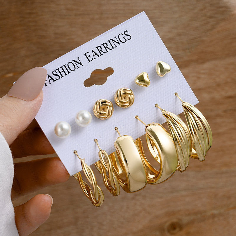 6 Pair Twisted Chain Hoop and Pearl Stud Earrings