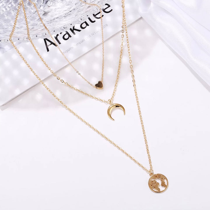 Pack of 2 Triple Layered Heart Lock & Moon Earth Necklace