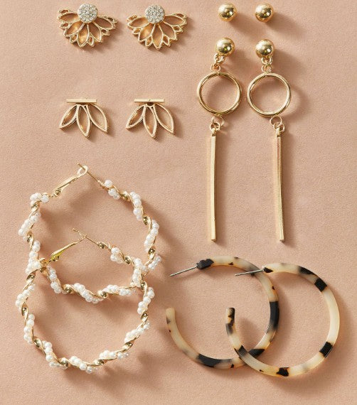 6 Pair Pearl Marble Hoop And Flower Stud Earrings