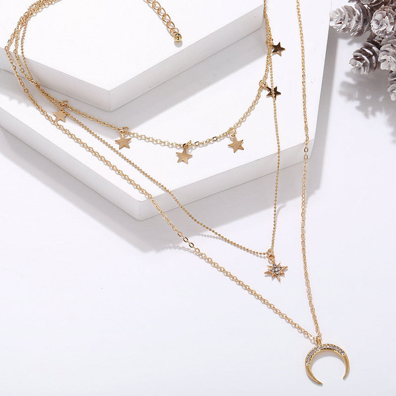  Charming Gold Plated Triple Layered Stars and Moon Pendant Necklace for Women and Girls