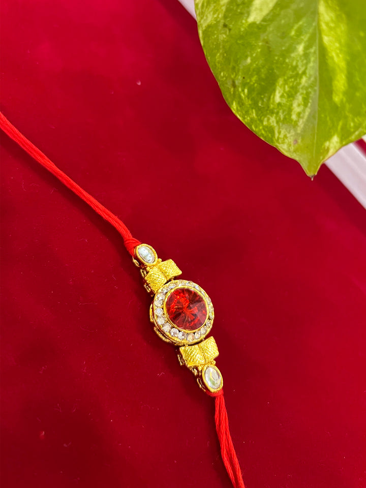 Kundan Stones Red Golden Thread Rakhi Knot