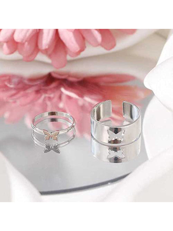 Combo of 2 Lavnish Silver Plated Heart and Butterfly Couple Ring For Women & Men