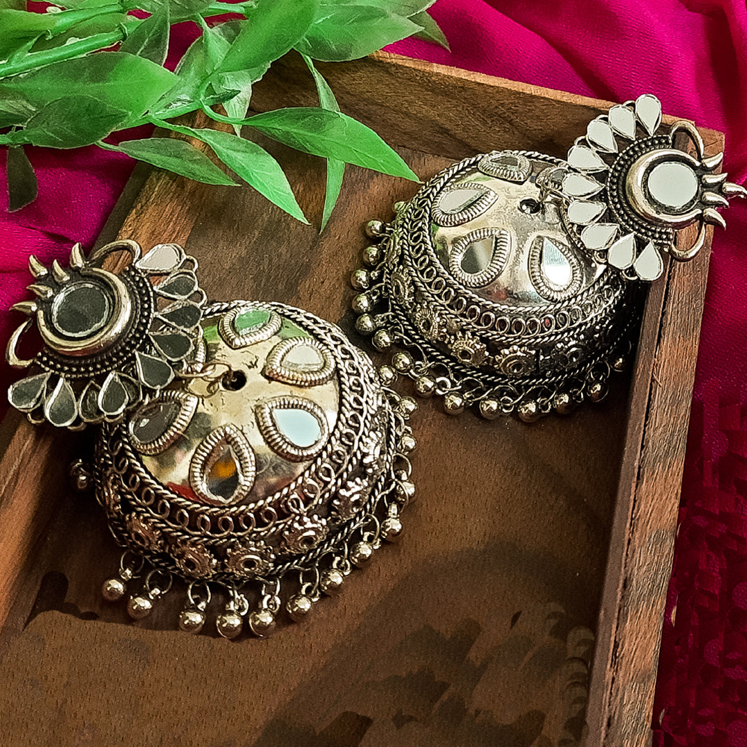 Oxidized Black Silver Afghani Mirror Jhumki - Main Image