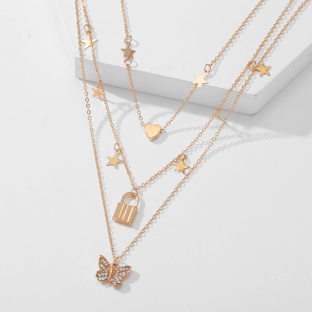 Gold Plated Triple Layered Butterfly Heart Necklace