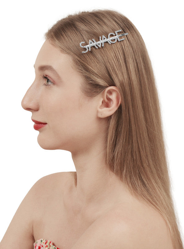 Vembley Combo Of 4 Beautiful Golden Silver Love and Savage Hairclip For Women and Girls