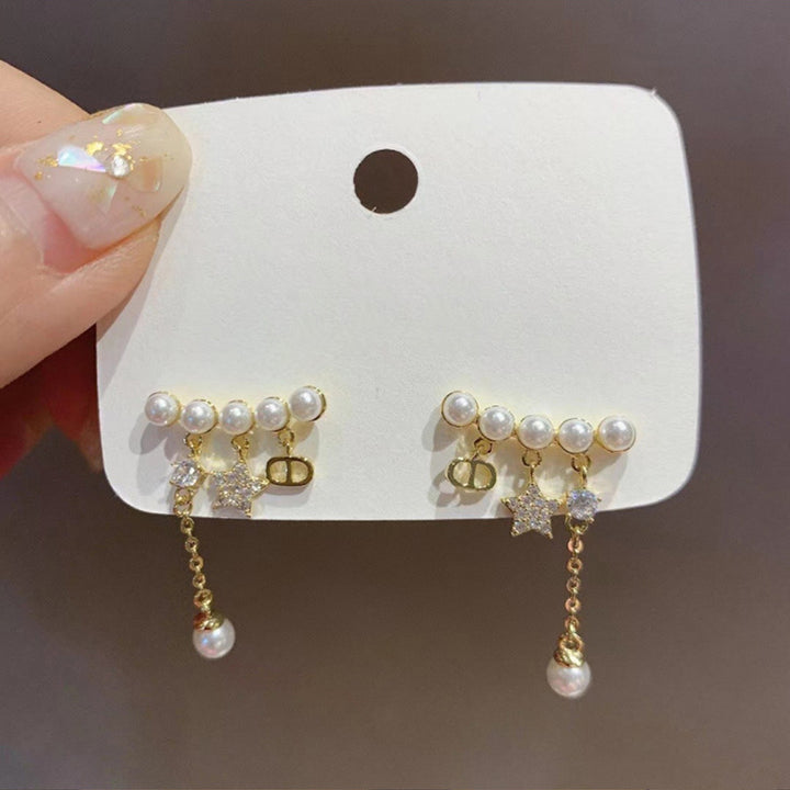 Pearl Star Tassel Stud Korean Earrings 2 Pcs/Set