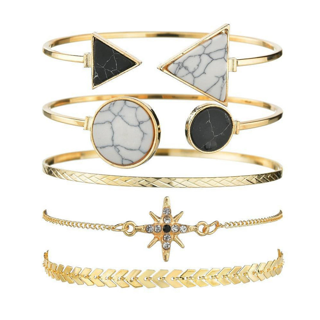 Combo of 5 Geometric Crystals Stacked Bracelets
