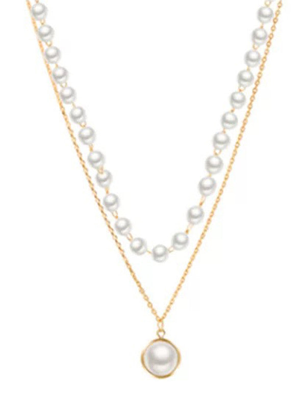 Vembley Combo Of Golden Double Layered Pearl Pendant Necklace  With Earrings Set For Women and Girls
