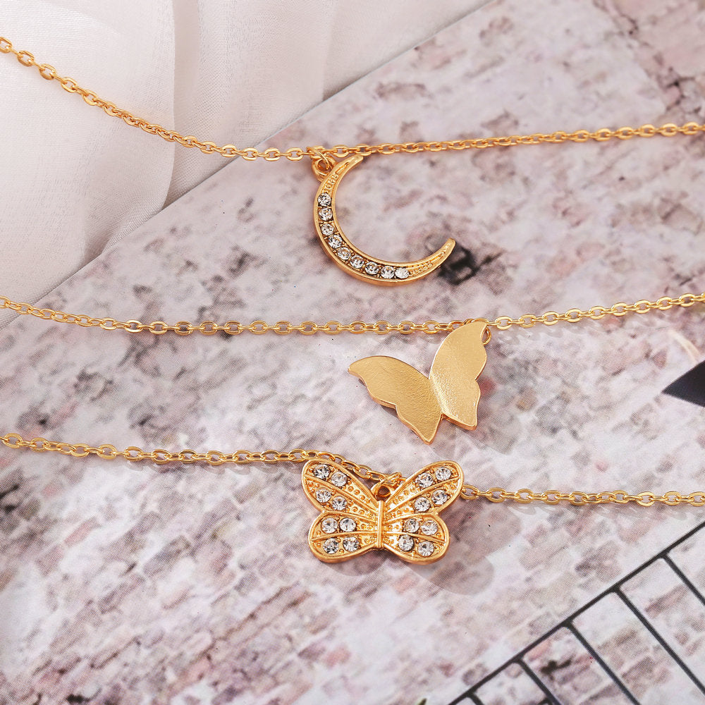 Triple Layered Moon Double Butterfly Pendant