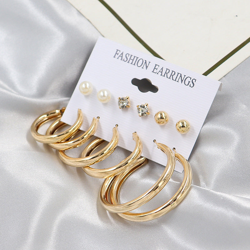 Vembley Combo 6 Pair Stunning Gold Plated Pearl Stone Studs and Plain Short Big Hoop Earrings for Women and Girls