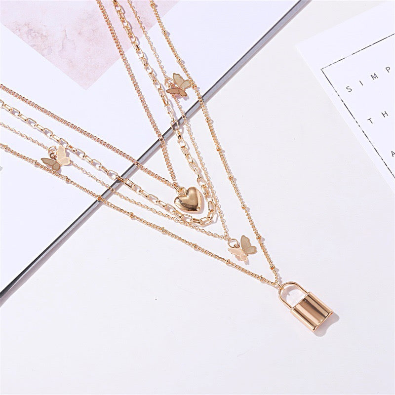 Golden Multi Layered Heart Butterfly Necklace