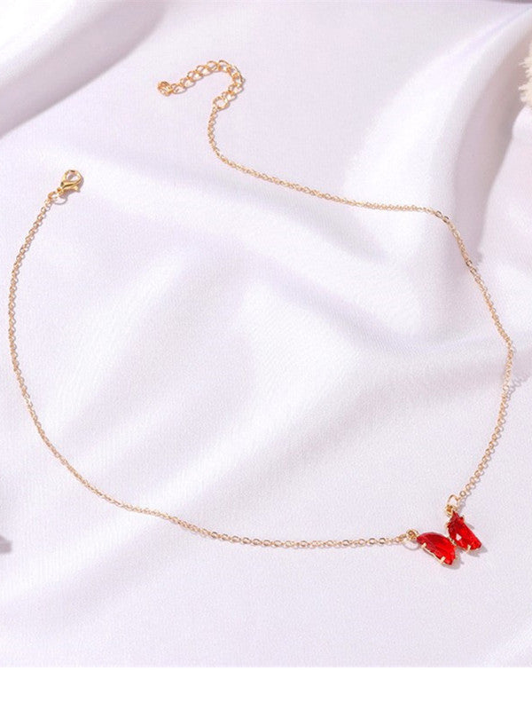 Combo of Stylish Gold Plated Red Crystal Butterfly Pendant Necklace With Ring