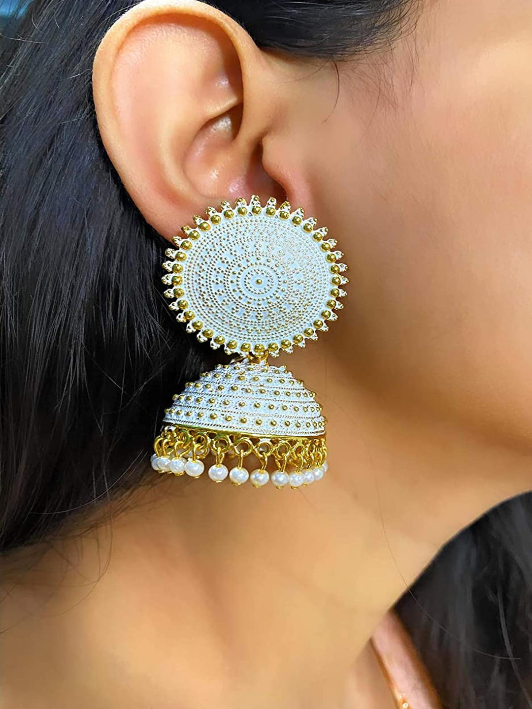 Golden White Pearls Drop Dome Shape Jhumka – Vembley