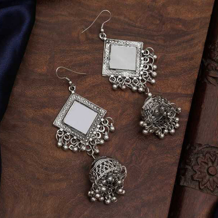Pack of 2 Oxidized Peacock and Square Mirror Jhumka