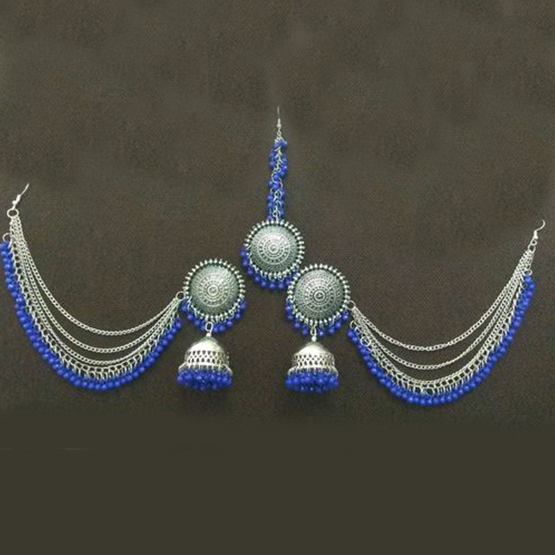 Silver Blue Bahubali Chain Jhumka With Maang Tikka