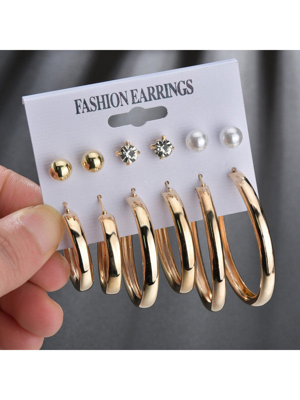 Combo of 12 Pair Stylish Gold Plated Pearl Crystal Studs and big Hoop Earrings