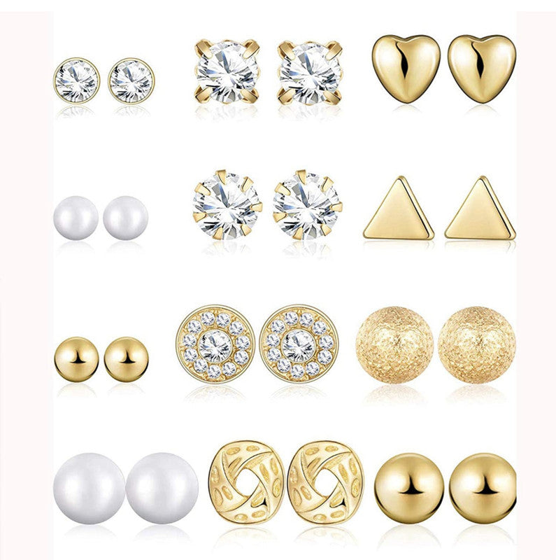 Combo Of 12 Pair Golden Studded Pearl Stud Earrings For Women and Girls