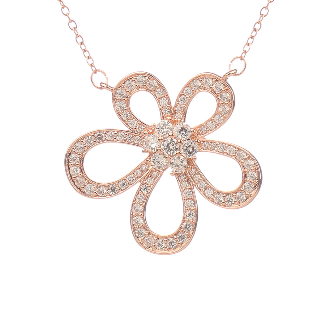 Vembley Charming Rosegold Plated Embedded Flower Pendant Necklace for Women and Girls - Vembley