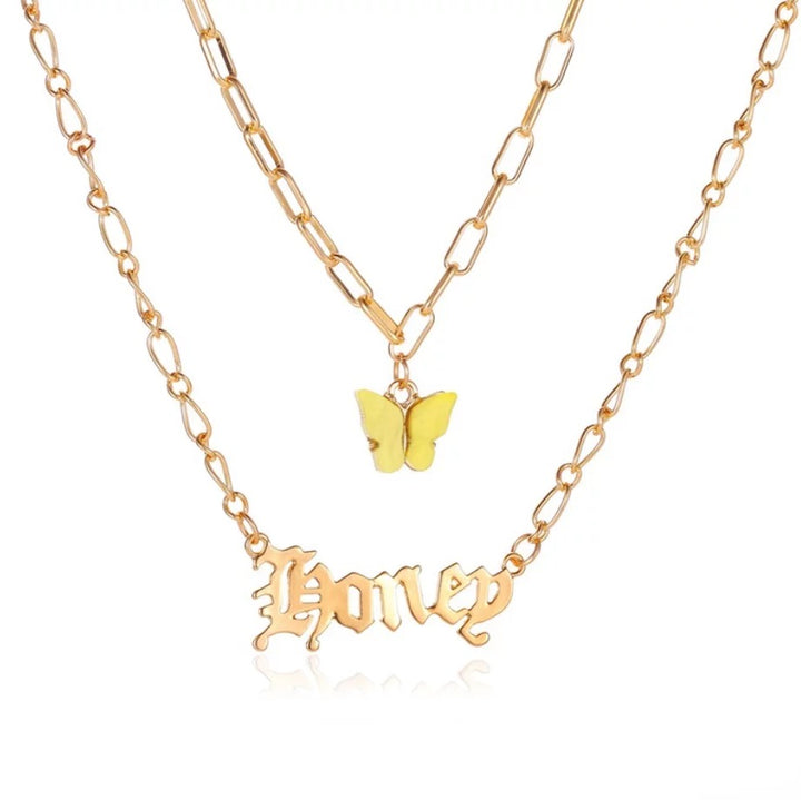 Double Layered Yellow Butterfly Honey Word Necklace
