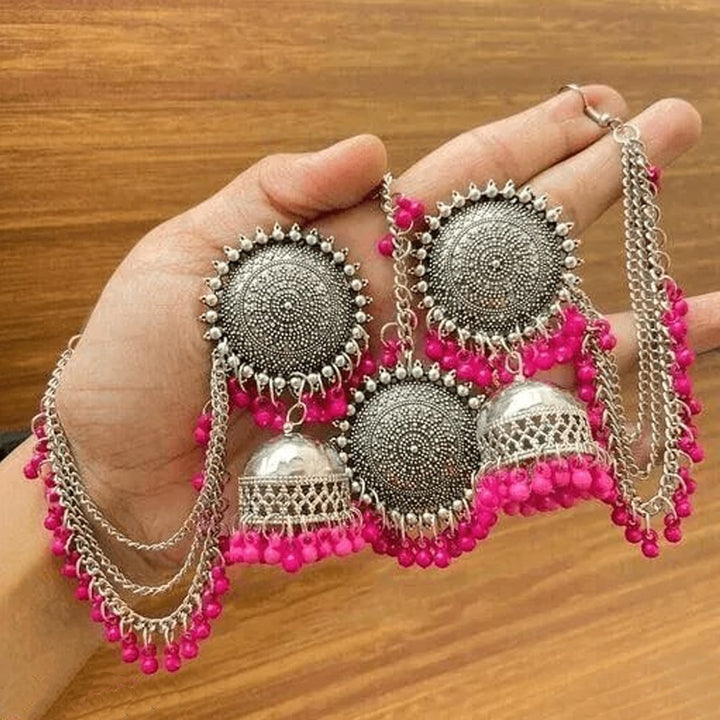 Silver Pink Bahubali Chain Jhumka With Maang Tikka