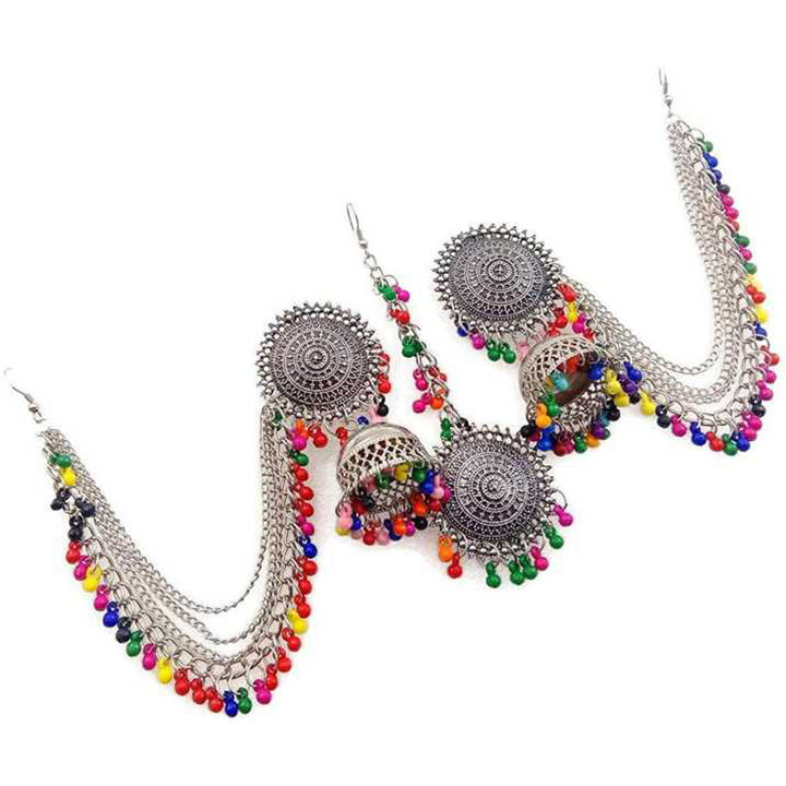 Silver Multicolor Bahubali Chain Jhumka With Maang Tikka
