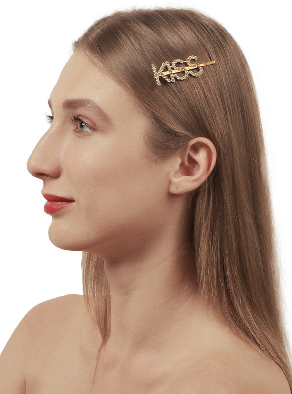 Vembley Charming Golden Kiss Word Hairclip For Women and Girls