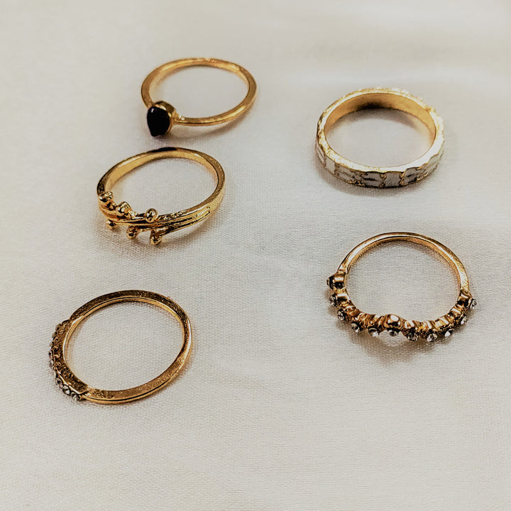 Gold Plated 5 Piece Blue Stud Chain Ring Set
