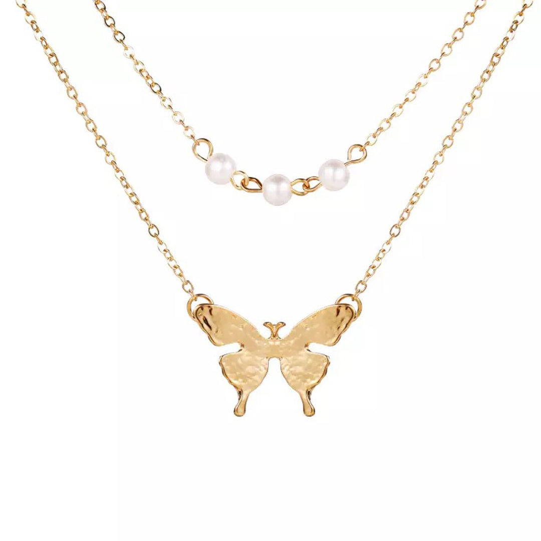 Double Layered Pearls Butterfly Pendant
