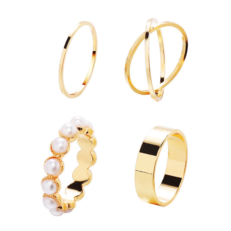 Vembley Stunning 4 Pcs Pearl, Cross , Knuckle and Plain Ring Set for Women and Gilrs