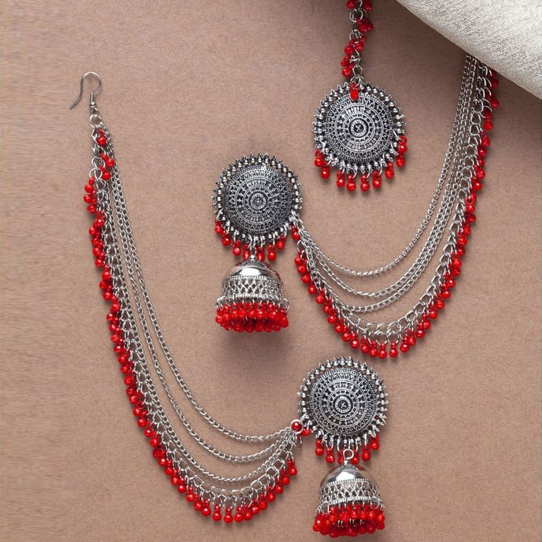 Silver Red Bahubali Chain Jhumka With Maang Tikka
