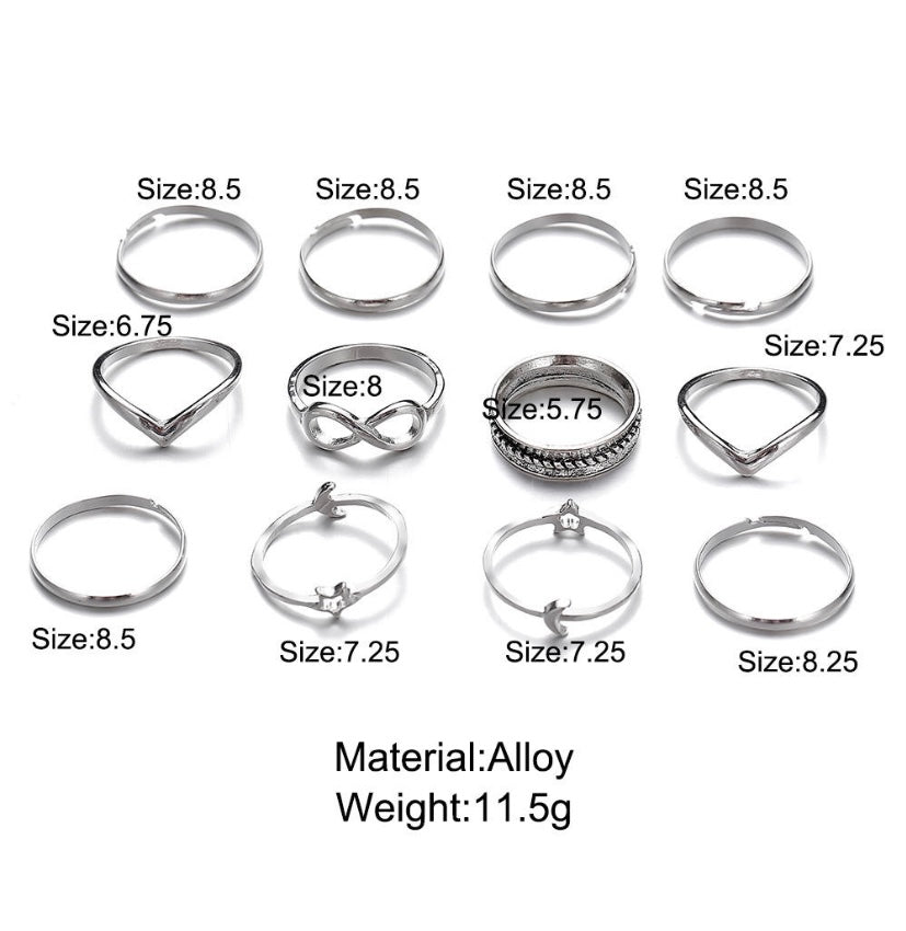 Silver Plated Nine Piece Love Infinity Ring Set