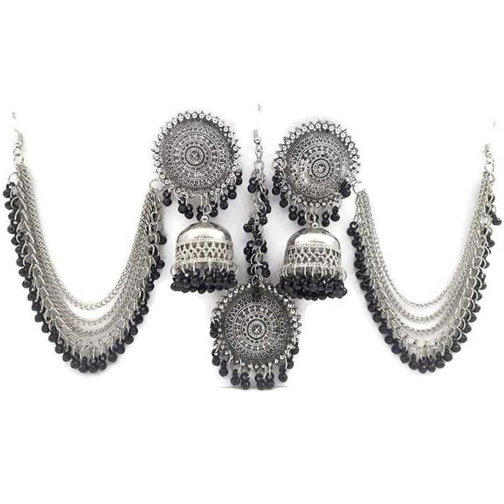 Combo of Silver Jhumki and Bahubali Earrings With Maang Tikka