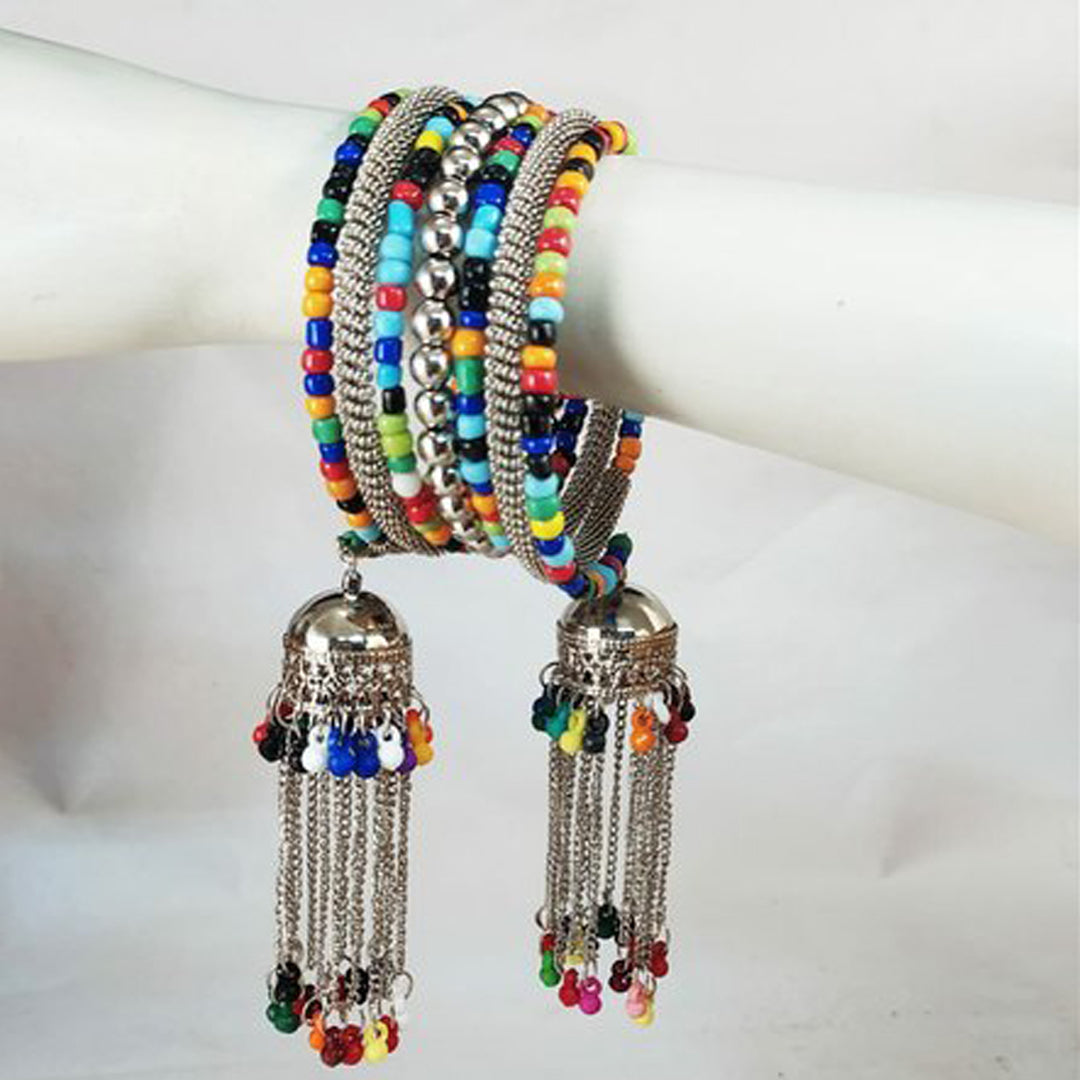 Silver Bangle Bracelet with Multicolor Beads Jhumki