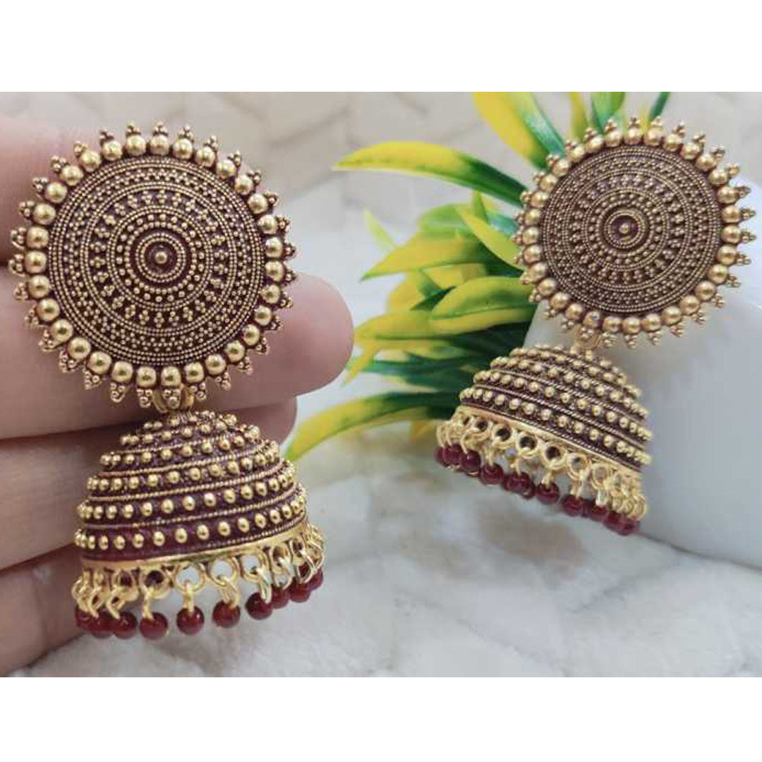 Combo of 2 Red and Maroon Pearls Dome Shape Jhumki