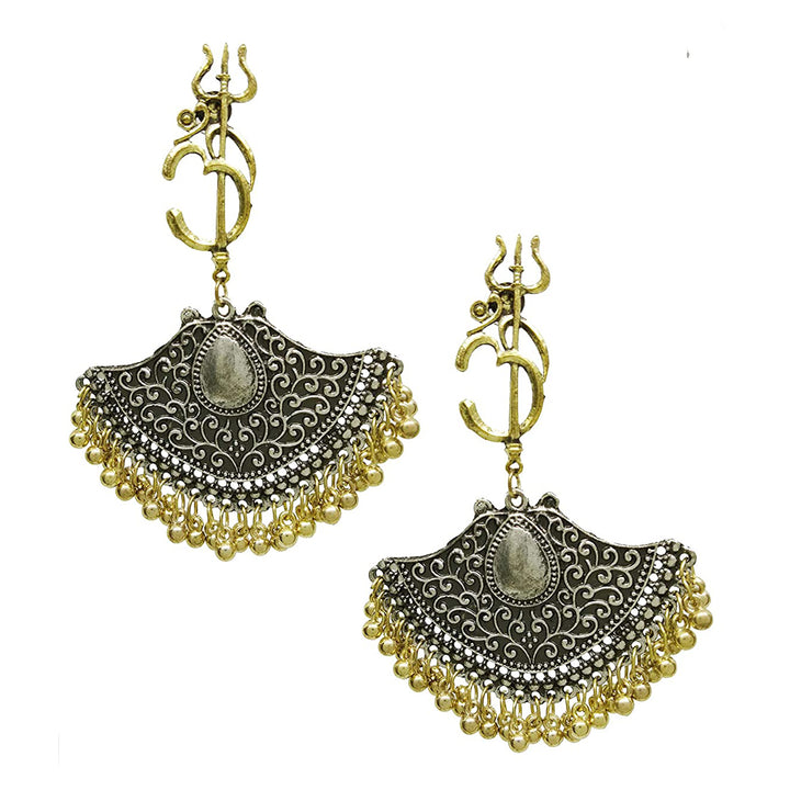 Oxidised Om Trishul Earrings With Drop Beads