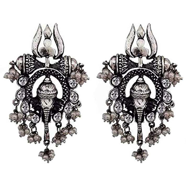 Lord Ganesha Silver Trishul Motif Stud Earrings